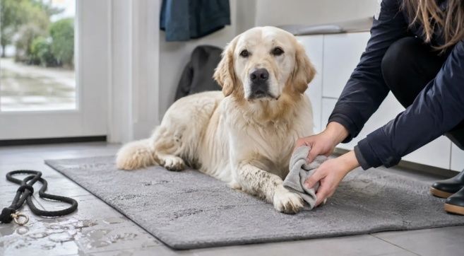 Golden Retriever lässt sich nach dem Spaziergang die Pfoten abwischen