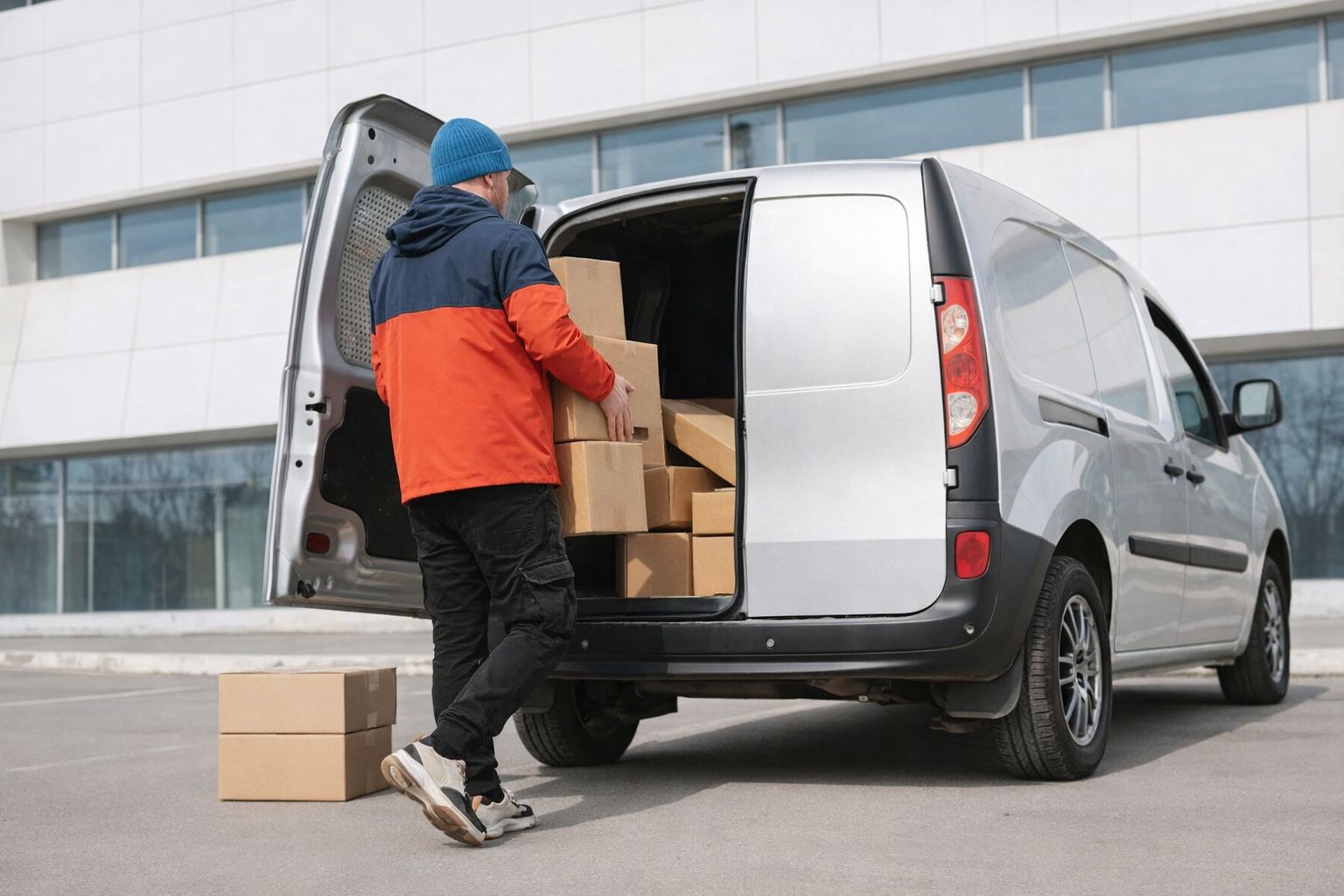 Ein Lieferant belädt einen silbernen Transporter mit Kartons.