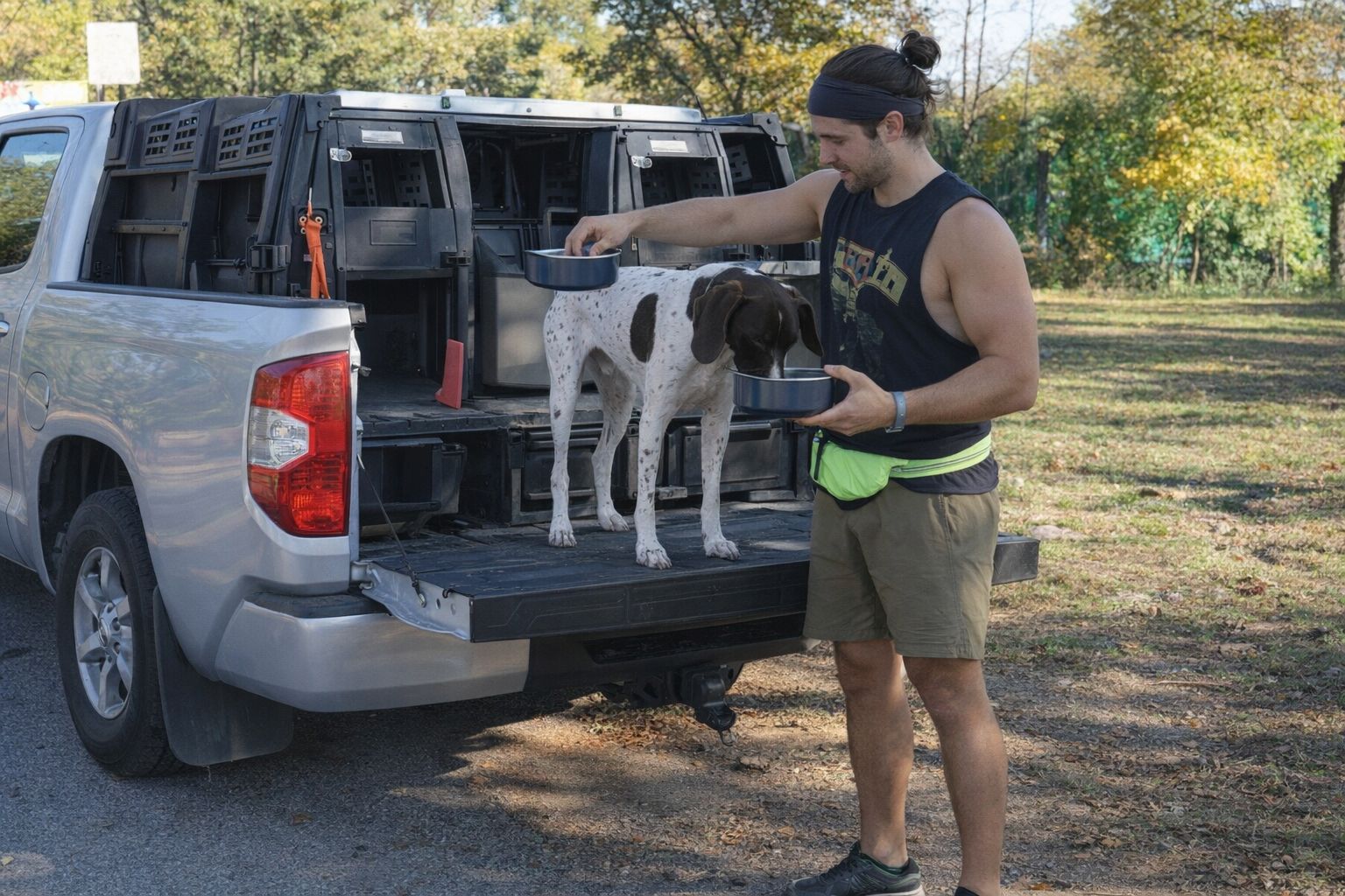 Ein Jagdhund wird auf der Ladefläche eines Pickups mit Hundeboxen gefüttert.